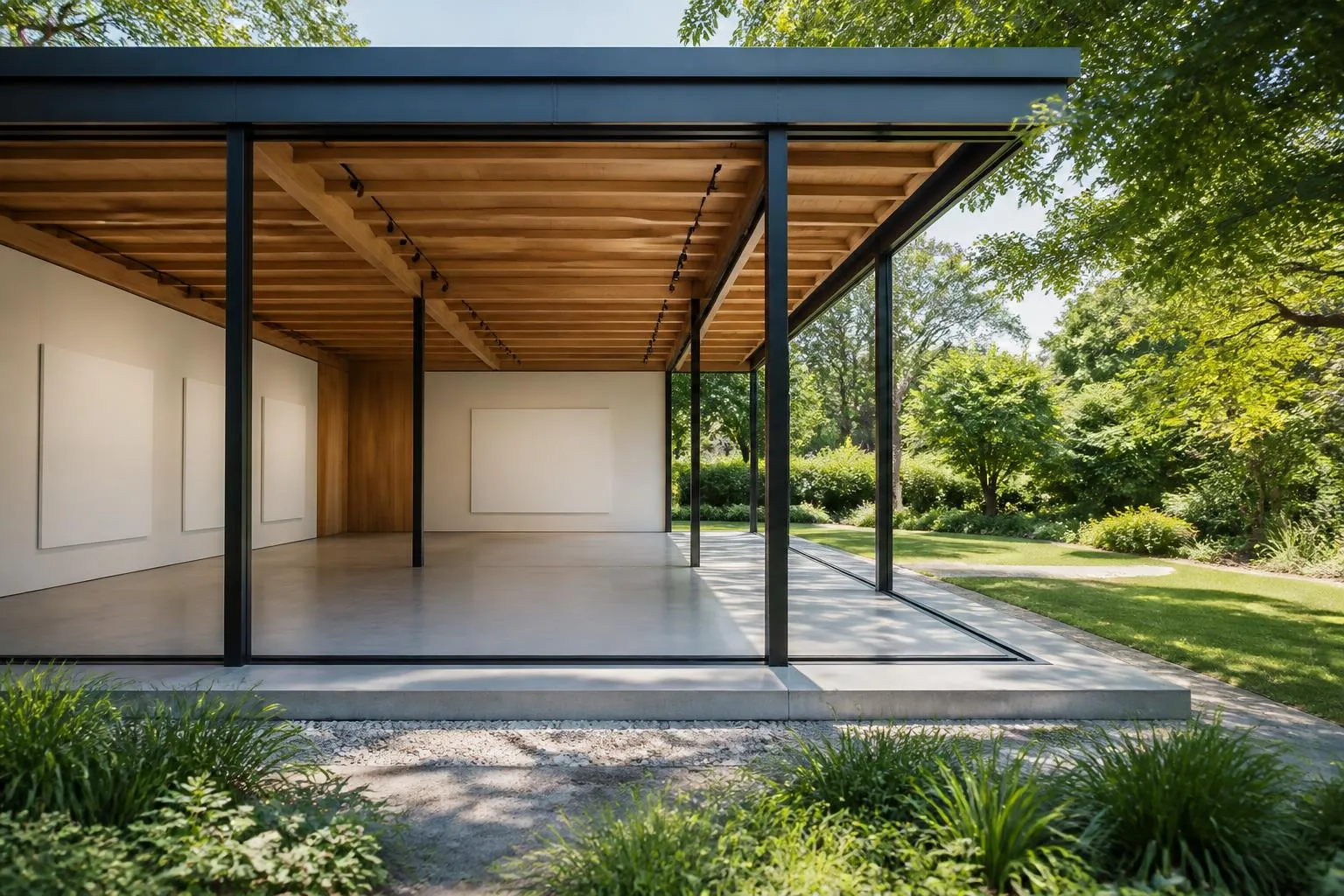 un pavillon d'exposition ouvert sur un jardin, structure de bois ou de métal, sans personne à l'intérieur