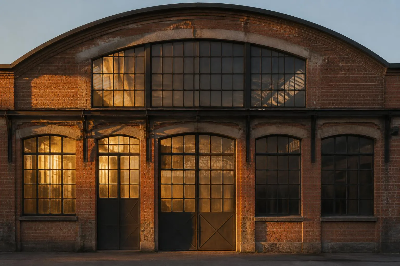 une ancienne façade industrielle en brique et verrière, sans enseigne ni personne, sous une lumière de fin de journée