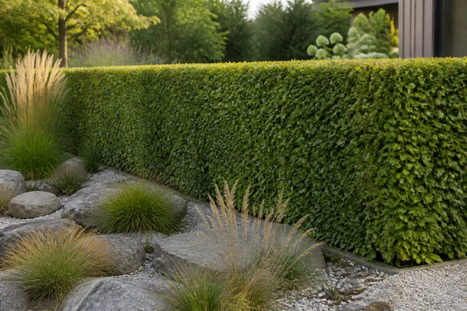 une haie de hêtre taillée qui délimite une parcelle de jardin, avec des graminées et des pierres au sol